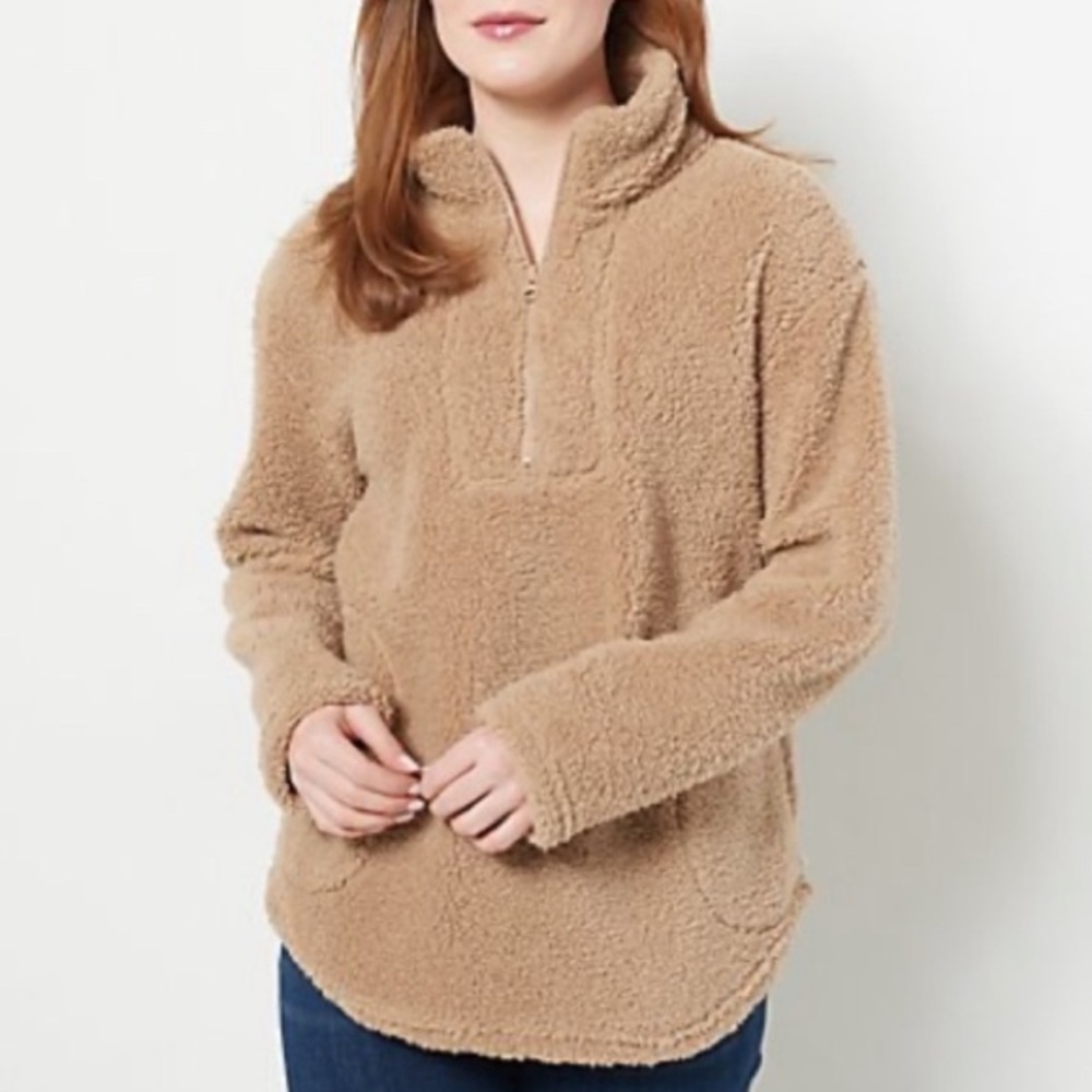 E+UC KOOLABURRA BY UGG TAN BRUSHED SHERPA 1/4 ZIP OVERSIZED PULLOVER  FITS  XS-M